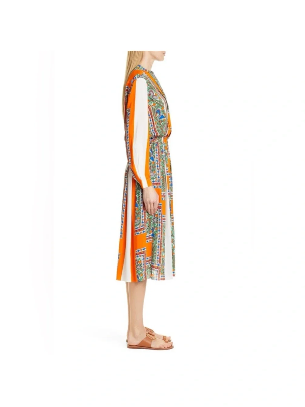 Tory Burch Orange & White Mixed-Print Midi Dress